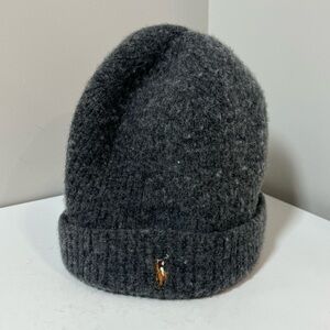 Polo Ralph Lauren 100% Merino Wool Dark Gray Beanie Winter Hat Front Logo Cap